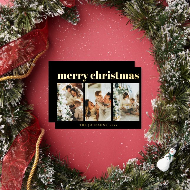 Modern Simple Typography Photo Black Christmas Foil Holiday Card (Insitu)