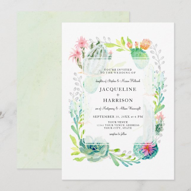 Modern Simple Watercolor Desert Cactus Floral Art Invitation (Front/Back)