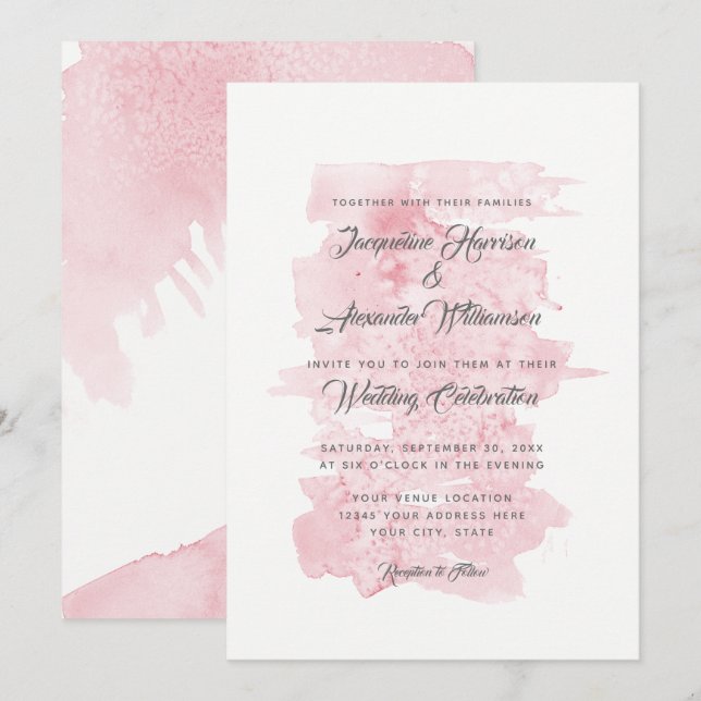 Modern Simple Watercolor Wash Pink Brush Strokes Invitation (Front/Back)