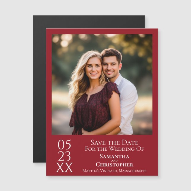 Modern Simple Wedding Save the Date Photo Crimson Magnetic Invitation (Front/Back)