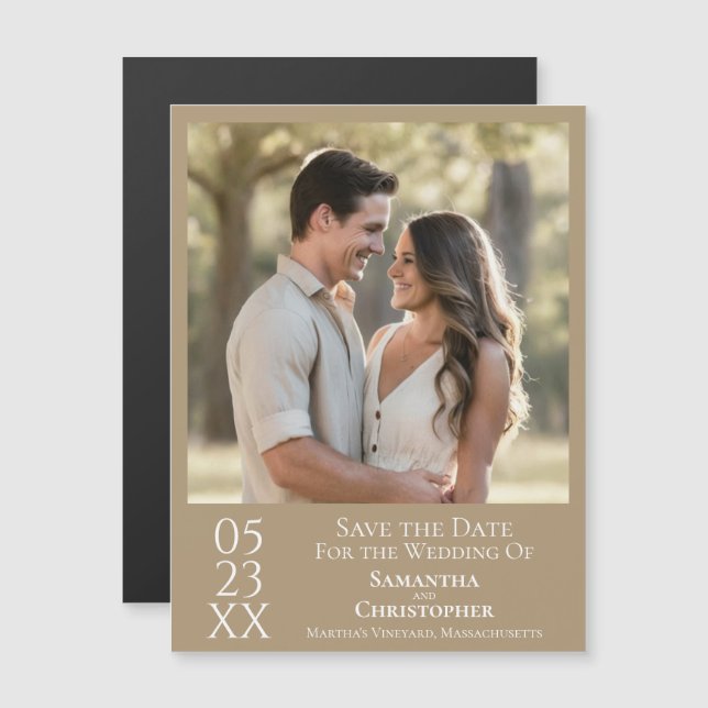 Modern Simple Wedding Save the Date Photo Tan Magnetic Invitation (Front/Back)