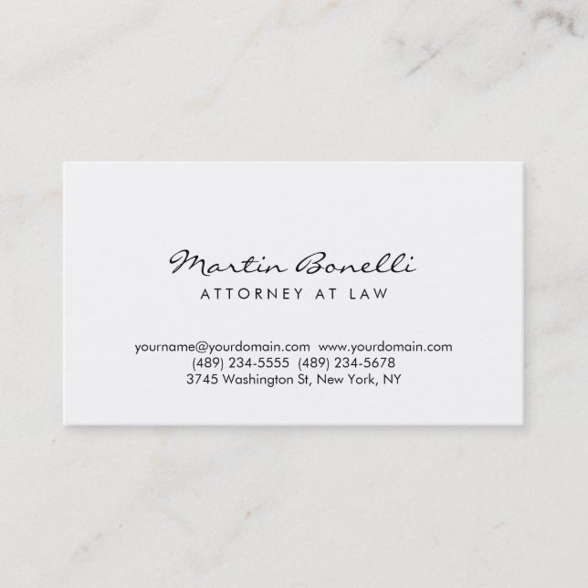 Modern Simple White Attorney at Law Business Card (Front)