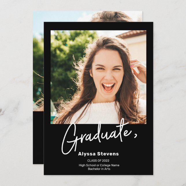 Modern simple white black 2 photos graduation announcement (Front/Back)