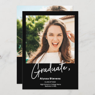 Modern simple white black 2 photos graduation announcement