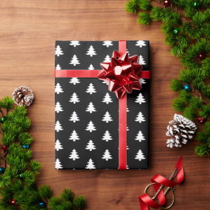Modern Simple White Christmas Trees on Black Wrapping Paper