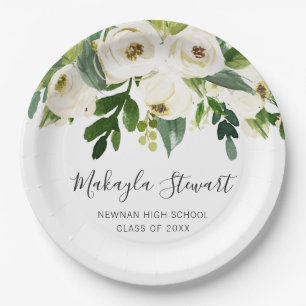 Modern Simple White Floral Elegant Graduation Paper Plate