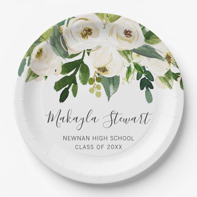 Modern Simple White Floral Elegant Graduation Paper Plate (Front)
