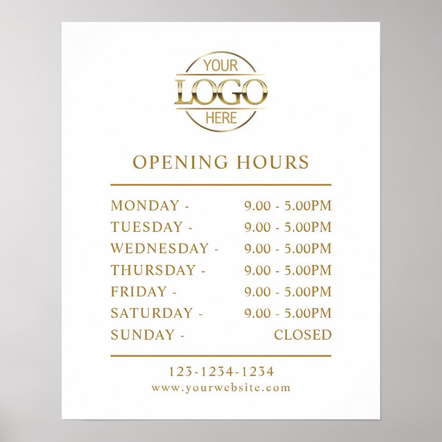 Modern Simple White Gold Business Opening Hours Poster (Front)