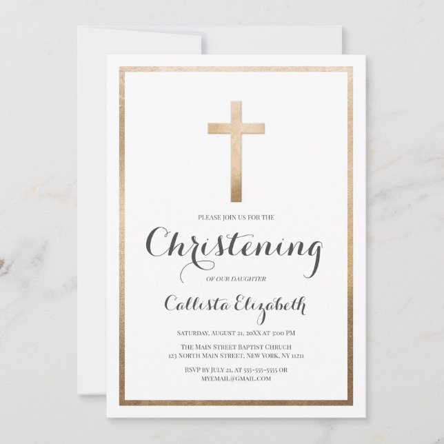 Modern Simple White Gold Cross Border Christening Invitation (Front)