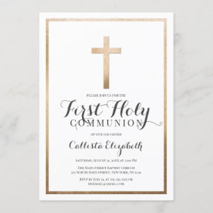 Modern Simple White Gold Cross Border Communion Invitation