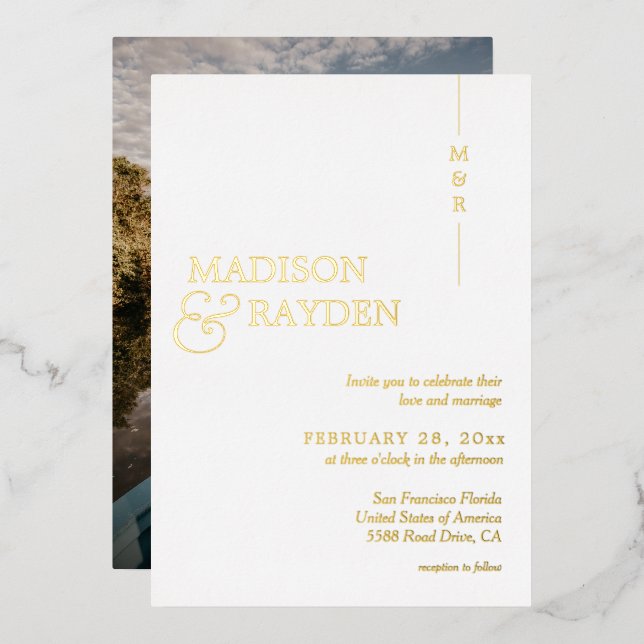 Modern Simple White Gold Monogram Photo Wedding (Front/Back)