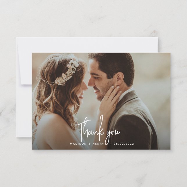 Modern Simple White Overlay Text Photo Wedding Thank You Card (Front)