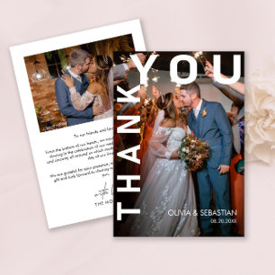 Modern Simple White Overlay Text Wedding Photo Thank You Card