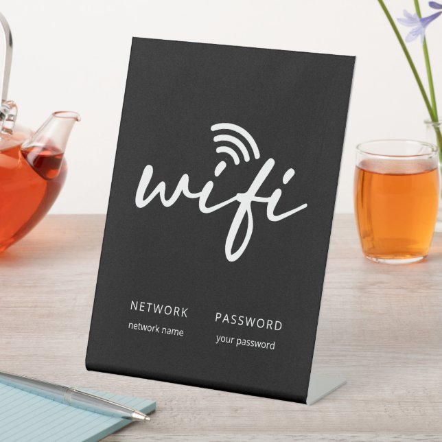 Modern Simple WiFi Network Password Black Pedestal Sign (In SItu)