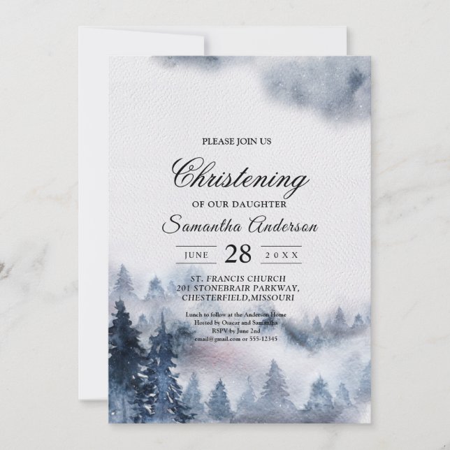 Modern Simple Winter Blue & White Forest Invitatio Invitation (Front)