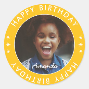Modern Simple Yellow Kids Happy Birthday Photo Classic Round Sticker