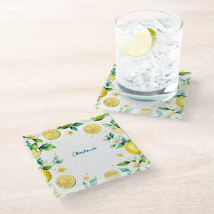Modern Simple yellow Lemon watercolor birthday Glass Coaster