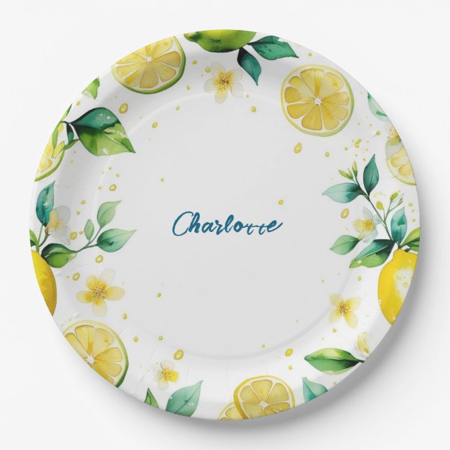 Modern Simple yellow Lemon watercolor birthday Paper Plate (Front)