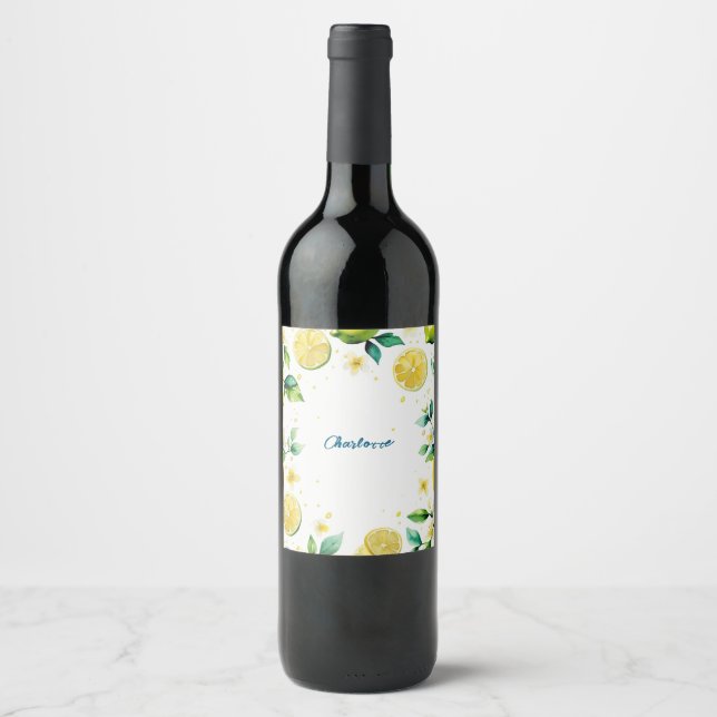 Modern Simple yellow Lemon watercolor birthday Wine Label (Front)