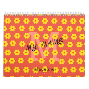 Modern simple yellow orange flowers monogram calendar