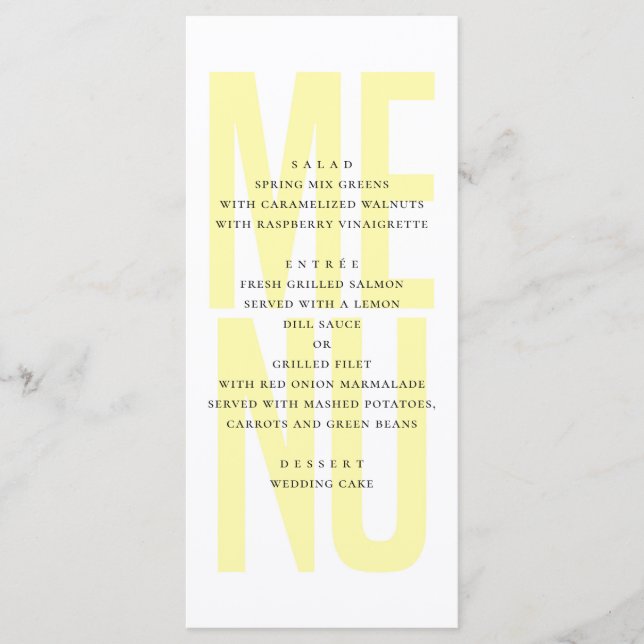 Modern simple yellow typography wedding dinner menu (Front)