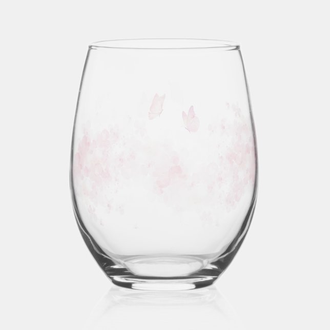 Modern simplepink butterfly floral Flowers wedding Stemless Wine Glass (Front)