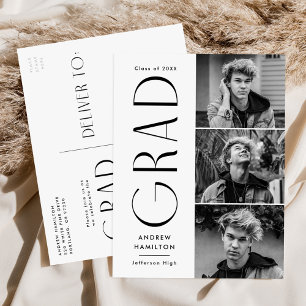 Modern Simplicity Black 3 Photo Graduation Party Invitation Postcard
