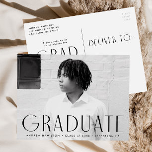 Modern Simplicity Black Photo Graduation Party Invitation Postcard