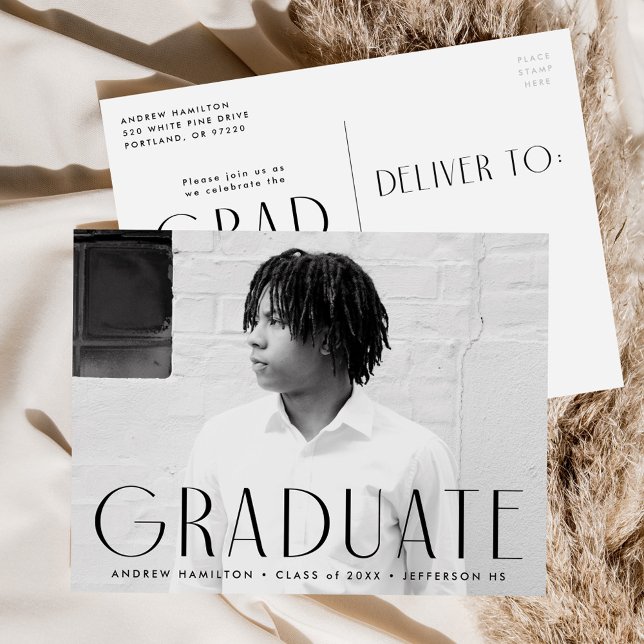 Modern Simplicity Black Photo Graduation Party Invitation Postcard (Creator Uploaded)