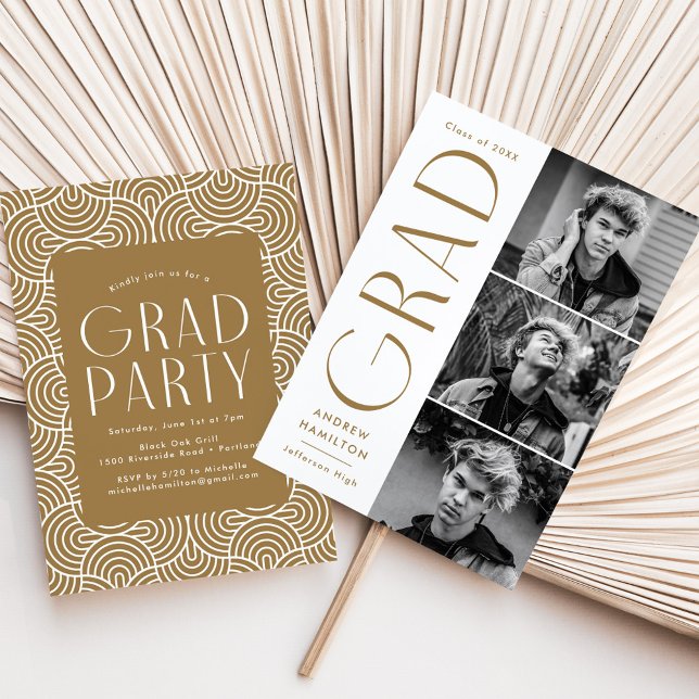 Modern Simplicity Brass 3 Photo Graduation Party Invitation (Creator Uploaded)