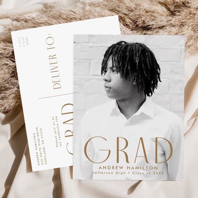 Modern Simplicity Brass Photo Graduation Party Invitation Postcard (Creator Uploaded)