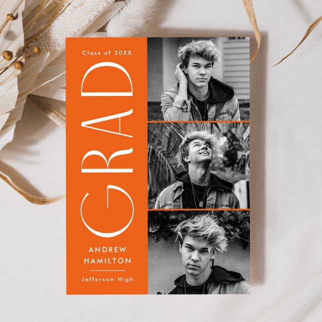Modern Simplicity Orange 3 Photo Graduation Announcement (Creator Uploaded)