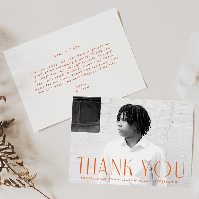 Modern Simplicity Orange Photo Graduation Thank You Card (Creator Uploaded)