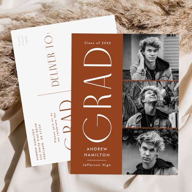 Modern Simplicity Rust 3 Photo Graduation Party Invitation Postcard (Creator Uploaded)