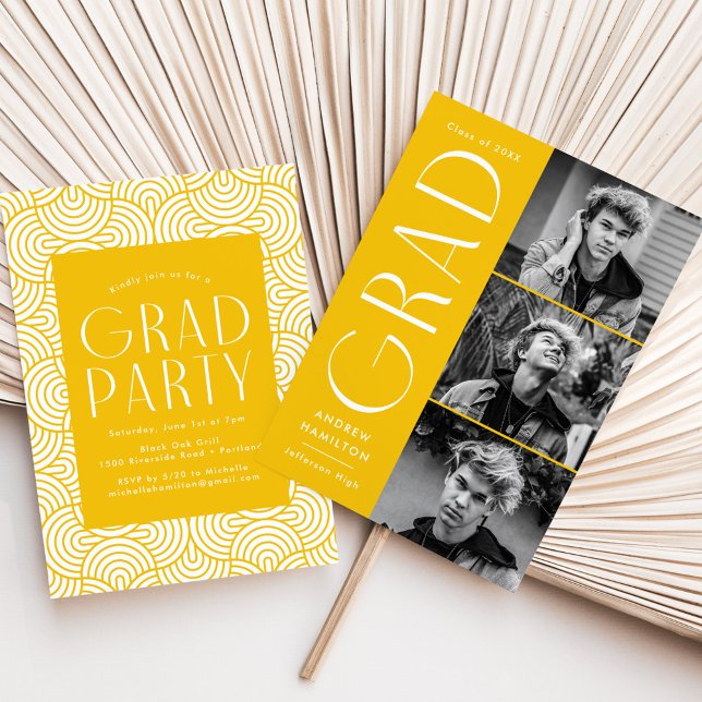Modern Simplicity Yellow 3 Photo Graduation Party Invitation (Creator Uploaded)