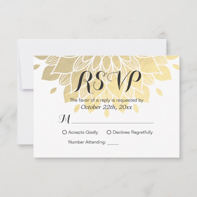Modern Simply White & Gold Floral RSVP Reply Card (Front)