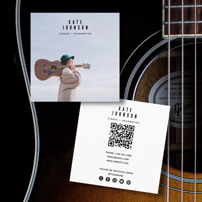 Modern Singer Musician Photo Social Media QR Code Square Business Card (Modern Singer Musician Photo Social Media QR Code Square Business Card)