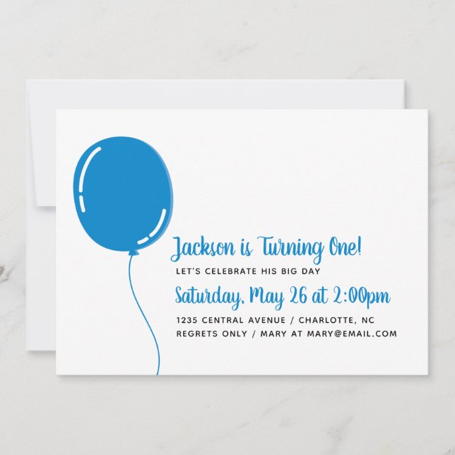 Modern Single Blue Ballon Birthday Party Invitation (Front)