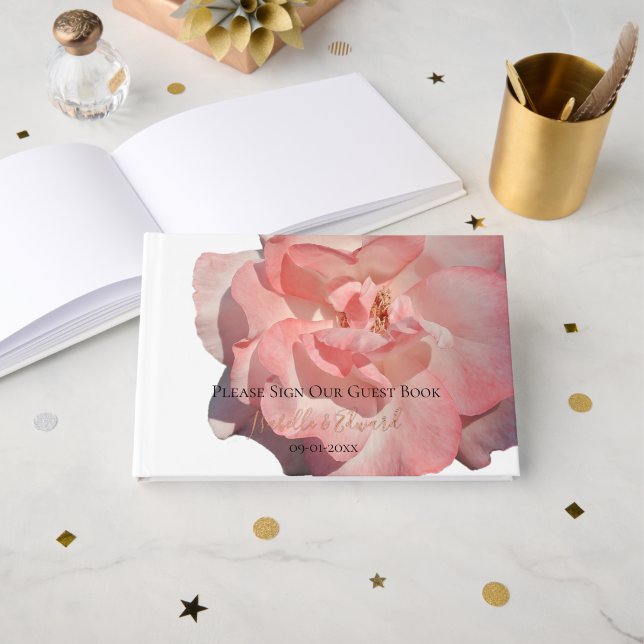 Modern Single Coral Rose Floral Wedding Real Foil Guest Book (Front Open)