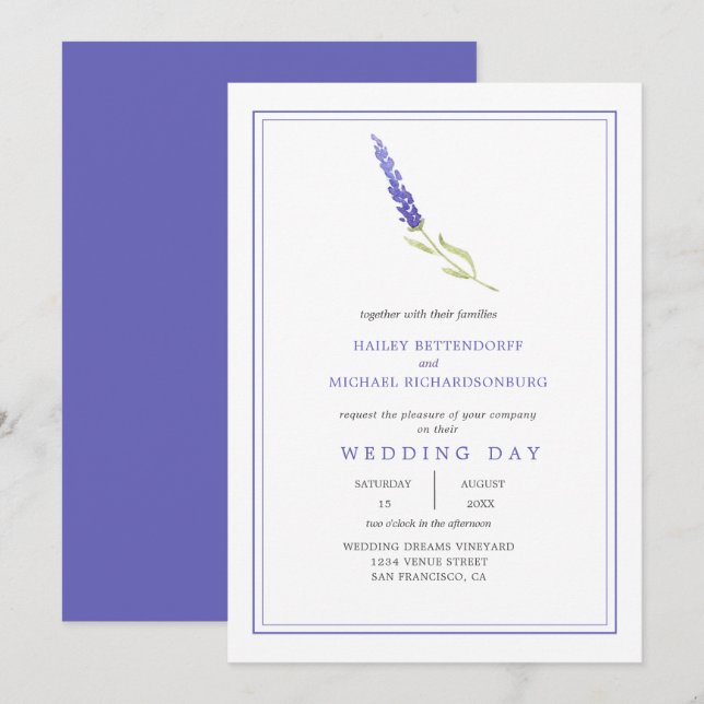 Modern Single Lavender Sprig Wedding | Invitation (Front/Back)