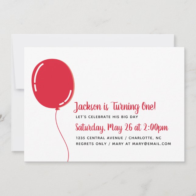 Modern Single Red Ballon Birthday Party Invitation (Front)