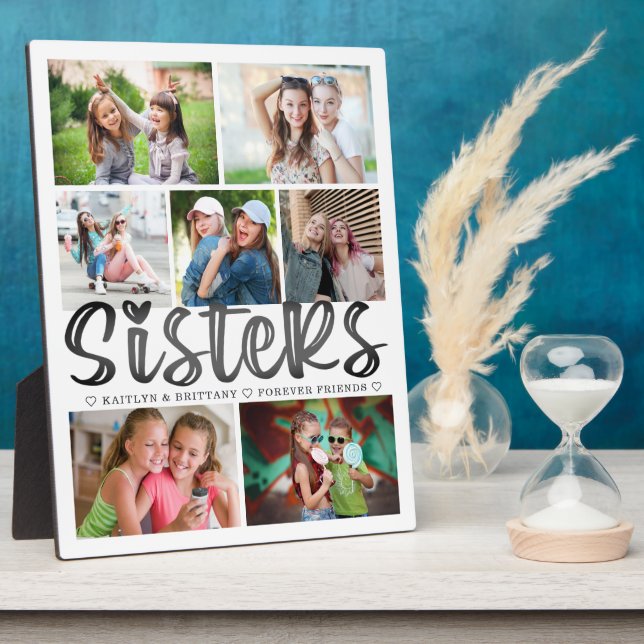 Modern SISTERS 7 Photo Collage White Personalised Plaque (Side)