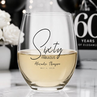 Modern Sixty and Fabulous Bold 60th Birthday Party Stemless Wine Glass