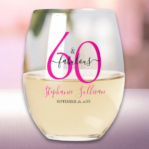 Modern Sixty and Fabulous Pink 60th Birthday Party Stemless Wine Glass
