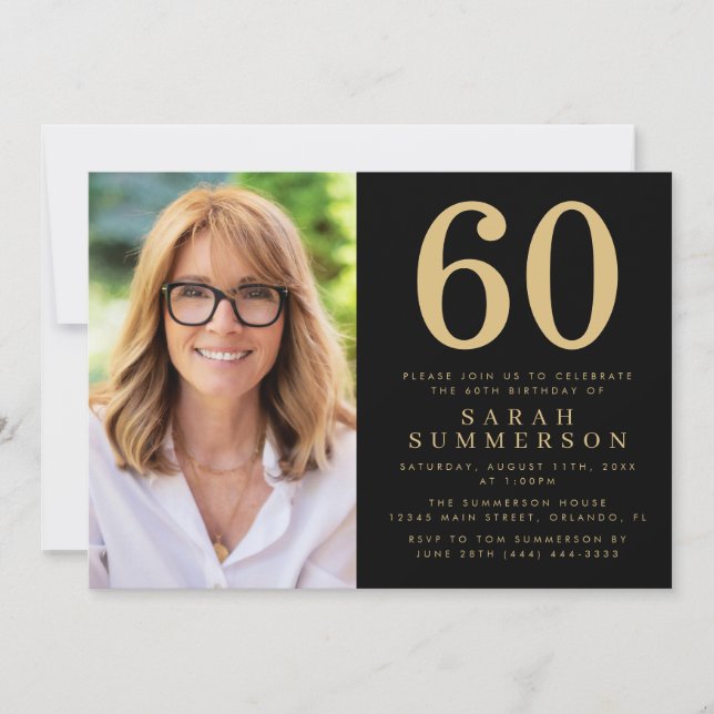 Modern Sixty Black Gold Photo 60th Birthday Invitation (Front)