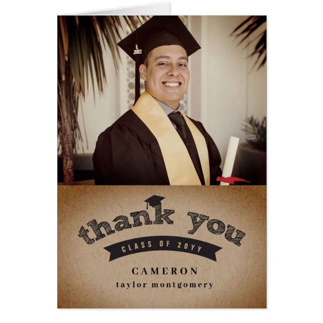 Modern Sketch Graduation Cap Kraft Photo Thank You (Front)