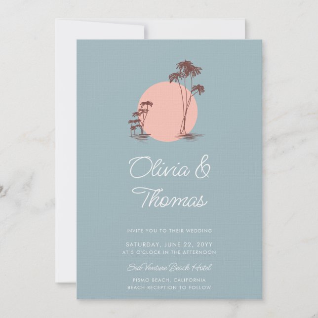 Modern Sketch Palm Trees Dusty Blue Beach Wedding Invitation (Front)