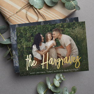 Modern Sketched Signature Horizontal Photo Foil Holiday Card