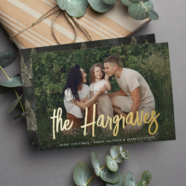 Modern Sketched Signature | Horizontal Photo Foil Holiday Card (Creator Uploaded)