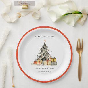 Modern Sketchy Holiday Christmas Tree Gifts Photo Paper Plate